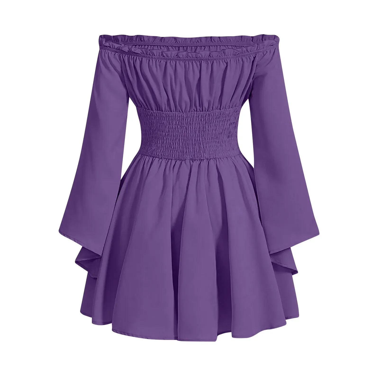 Women Rens Faire Cosplay Off Shoulder Mini Dress Medieval Renaissance Dress with Bell Sleeves Corset Waist Pixie Dress - Image 10