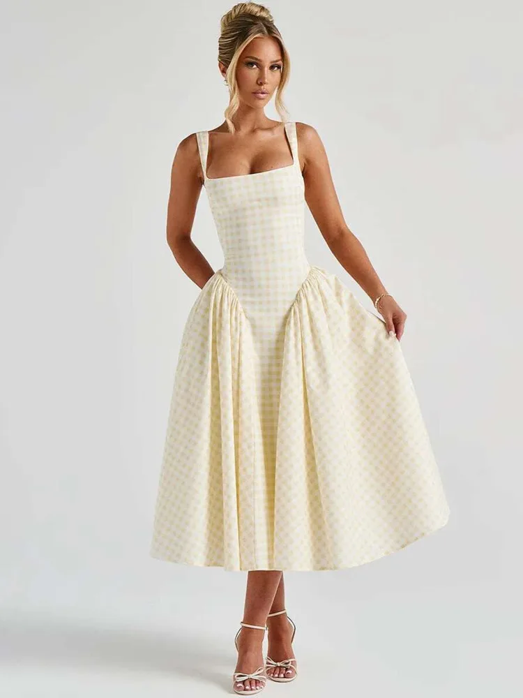 Plaid Printed Spaghetti Strap Sexy A-line Dress