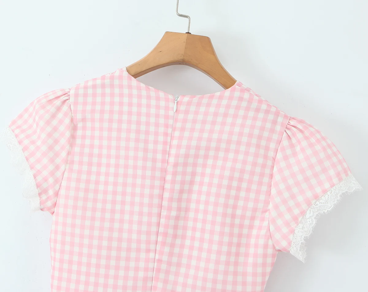 Pink Plaid Spliced White Lace Corset Style Mini Dress Women V Collar Short Sleeve Low Waist Ball Gown Swing Party Robe - Image 19