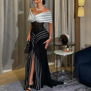 Black and White Formal Evening Gown with Off-the-Shoulder Neckline, Striped Pattern, Corset Bodice and Mermaid