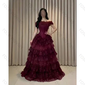 Burgundy Formal Dress Off Shoulder Sweetheart Neck Corset Lace Tiered Tulle A-Line Maxi Gown Women Evening Party