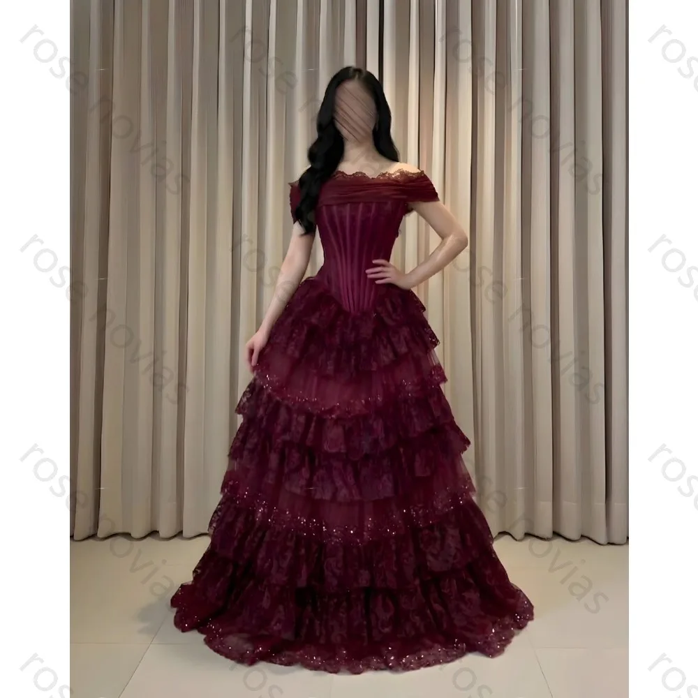 Burgundy Formal Dress Off Shoulder Sweetheart Neck Corset Lace Tiered Tulle A-Line Maxi Gown Women Evening Party