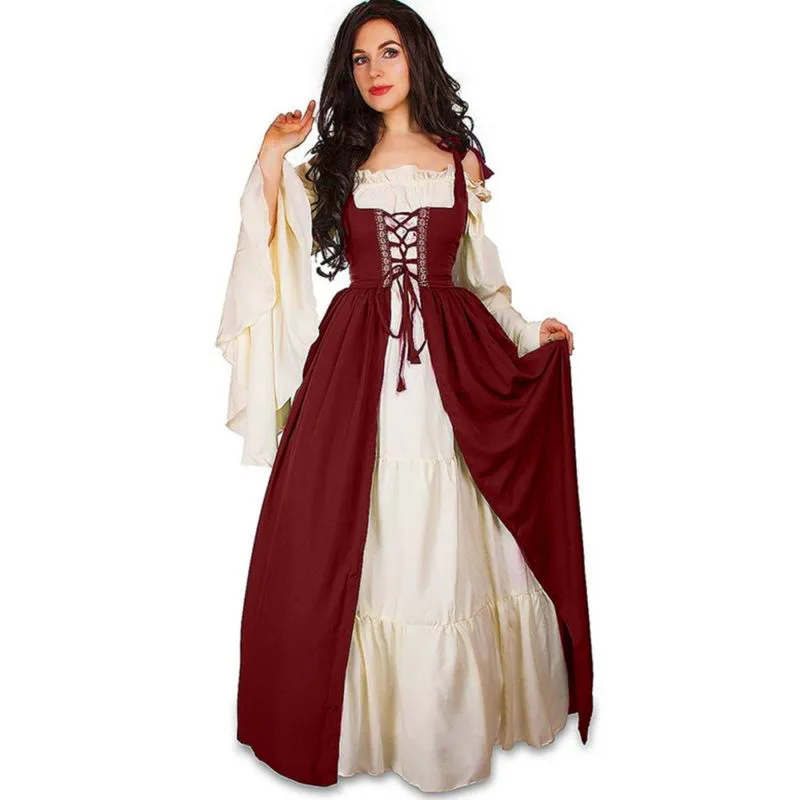 Medieval Court Style Long Sleeve Corset Dress with Off-Shoulder Batwing Sleeves and Flared Long Skirt - Image 13