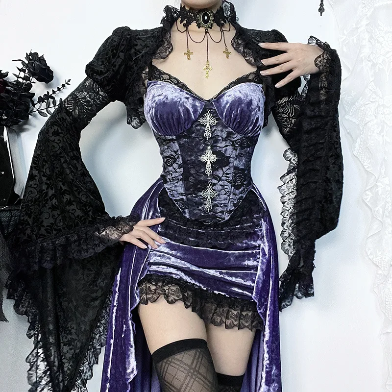 Gothic Velvet A-line Dress Female Elegant Evening Lolita Partywear Grunge Sling Lace Hem Alt Cloth - Image 2