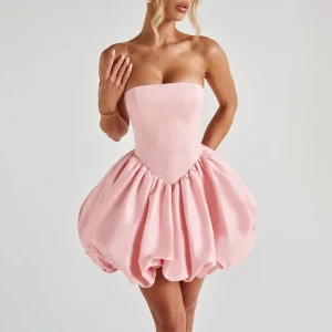 Strapless Satin Bubble Mini Dress Large Back Bow Corset Puffy Short Homecoming Cocktail Evening Prom