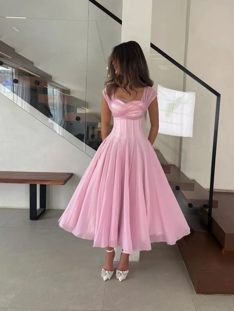 Summer Sexy Square Neck Corset Waist A-Line Tea-Length Dress for Wedding - Eye-Catching Gown for Women - Image 12