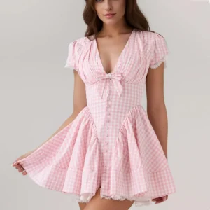 Pink Plaid Spliced White Lace Corset Style Mini Dress Women V Collar Short Sleeve Low Waist Ball Gown Swing Party Robe