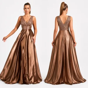 Sleeveless Deep V Neck Sequin Bodice Satin A Line Maxi Dress With Train