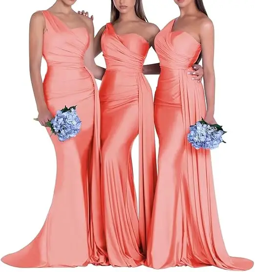 One Shoulder Mermaid Bridesmaid Dresses Corset Back Formal Evening - Image 10