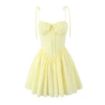Sexy Yellow Hollow out Embroidery Lace Cotton Corset Style Bow Sling Dress Women Low Waist Ball Gown Swing Mini Party Robe