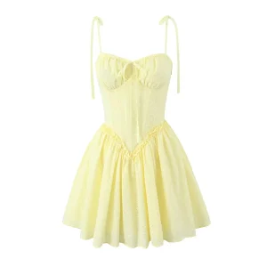 Sexy Yellow Hollow out Embroidery Lace Cotton Corset Style Bow Sling Dress Women Low Waist Ball Gown Swing Mini Party Robe