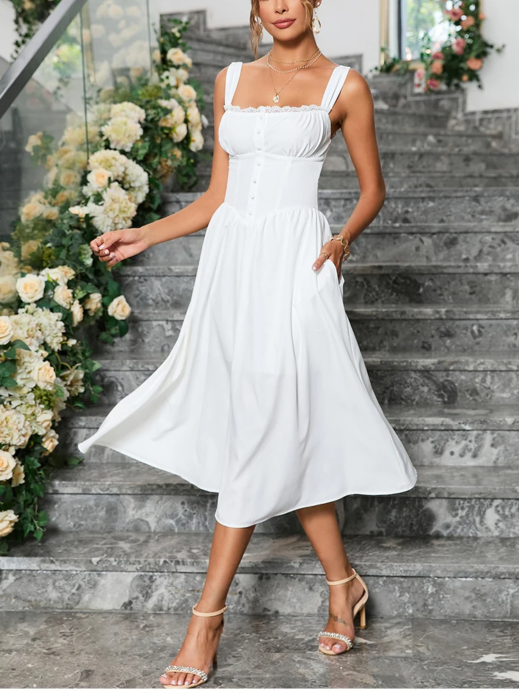 White Corset Dress Women's Square Neck Back Lace Up Flowy A-Line Midi Dress - Image 6