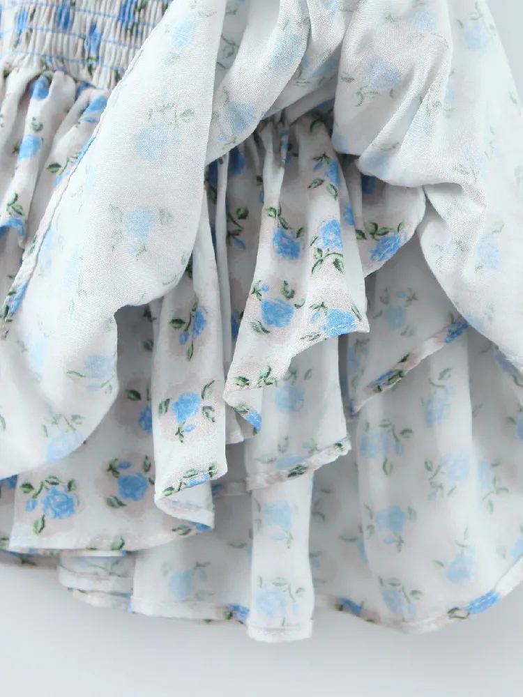 Sexy White Blue Flower Print Corset Ruched Elastic Body Sling Mini Dress Woman Wood ears Square Collar Ruffles Hem Robe Holiday - Image 5