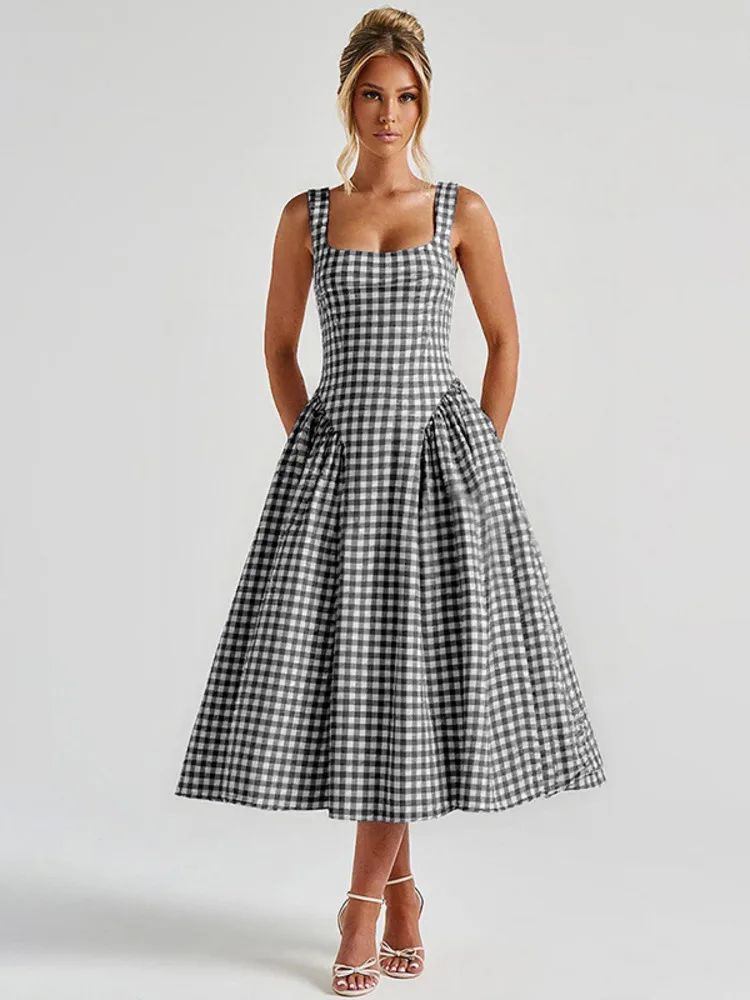 Plaid Printed Spaghetti Strap Sexy A-line Dress - Image 5