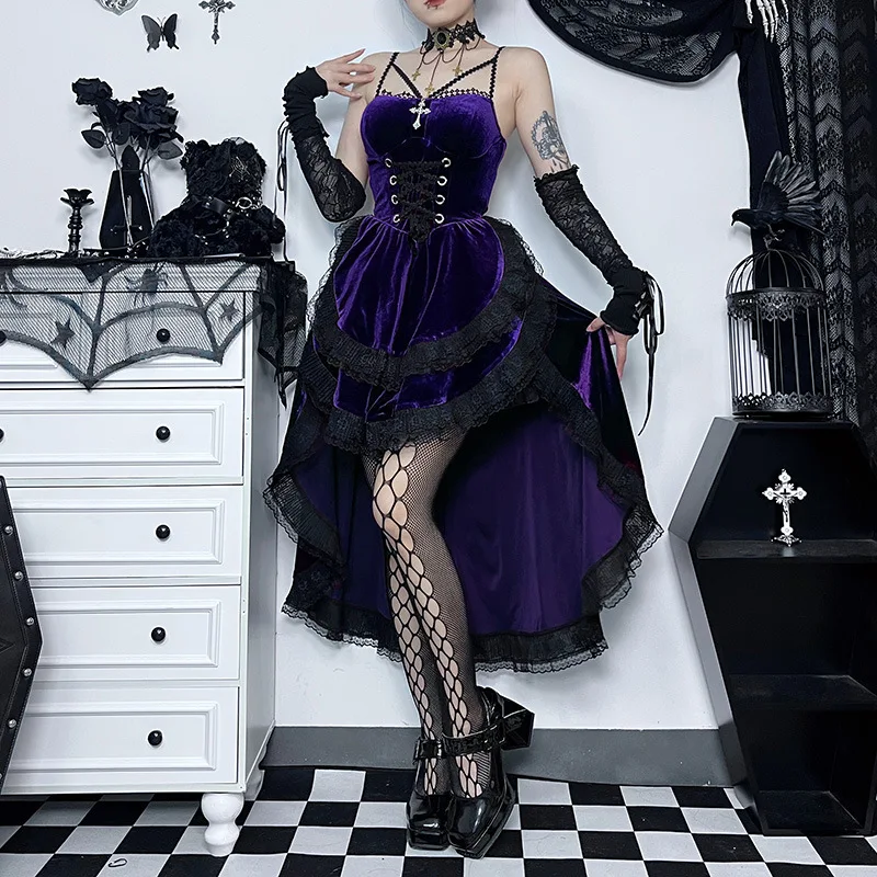 High Low Cut Swallow Tail Lace Bodice Dress Strap Y2K Corset Bustier Women Sexy Dark Gothic Costume Sling Strap Sleeveless Dress - Image 17