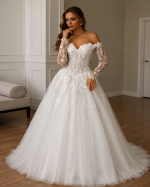 Elegant Glitter Wedding Party Dress Sweetheart Long Sleeves Sequined Applique Sweep Train Woman Corset Bridal Gowns