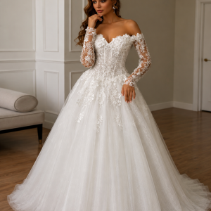Elegant Glitter Wedding Party Dress Sweetheart Long Sleeves Sequined Applique Sweep Train Woman Corset Bridal Gowns