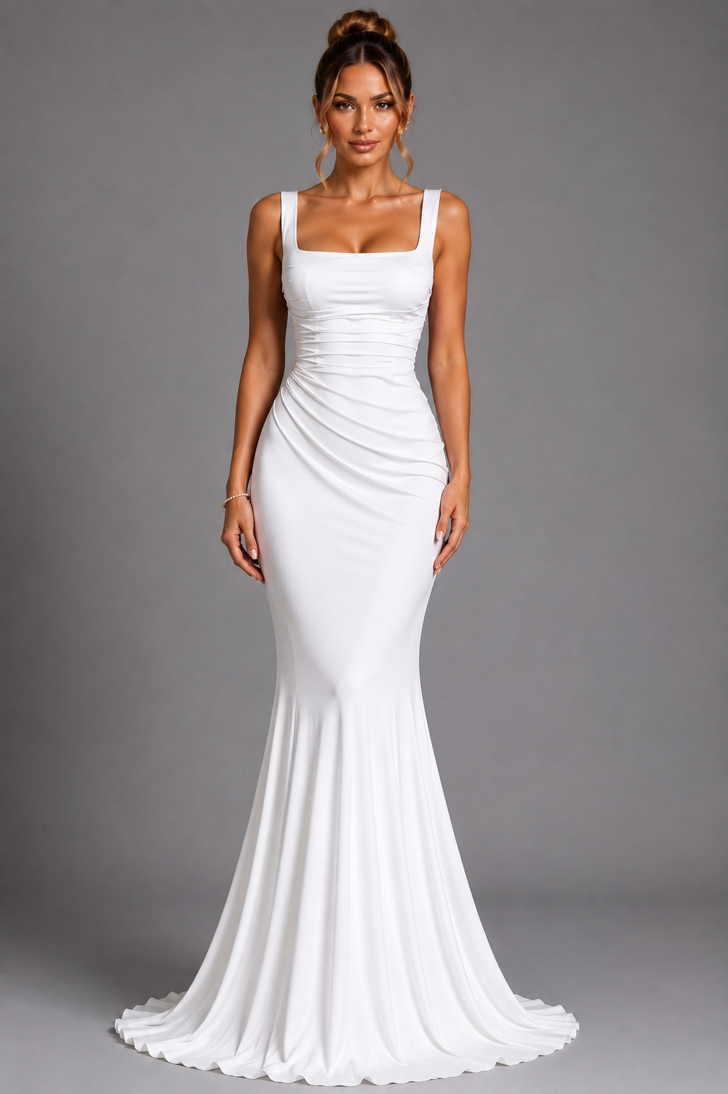 Satin Gown with Square Neck, Ruched Bodice & Corset Back for Wedding Guest - Image 11