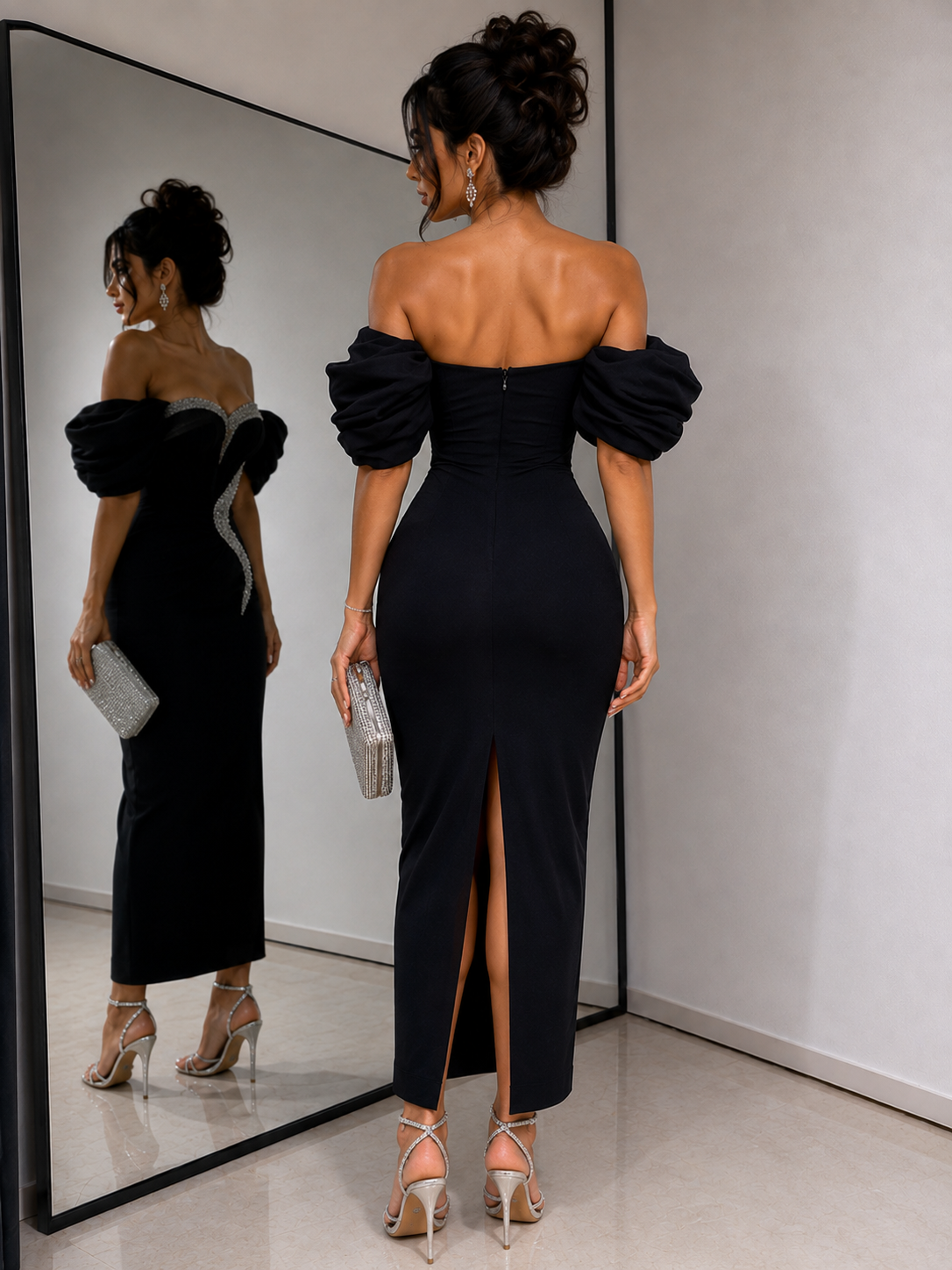 Satin Bandage Patchwork Evening Dress Silver Glitter Rhinestone Corset - Image 11