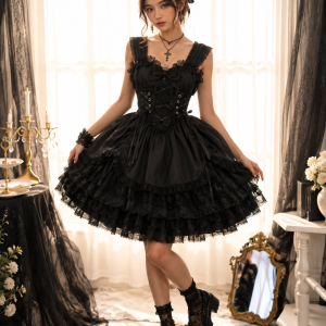 Gothic Lolita Dress Women Punk Style Sweet Lace Bow Eveing Party Dresses