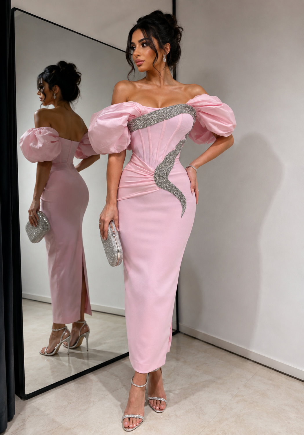 Satin Bandage Patchwork Evening Dress Silver Glitter Rhinestone Corset - Image 4