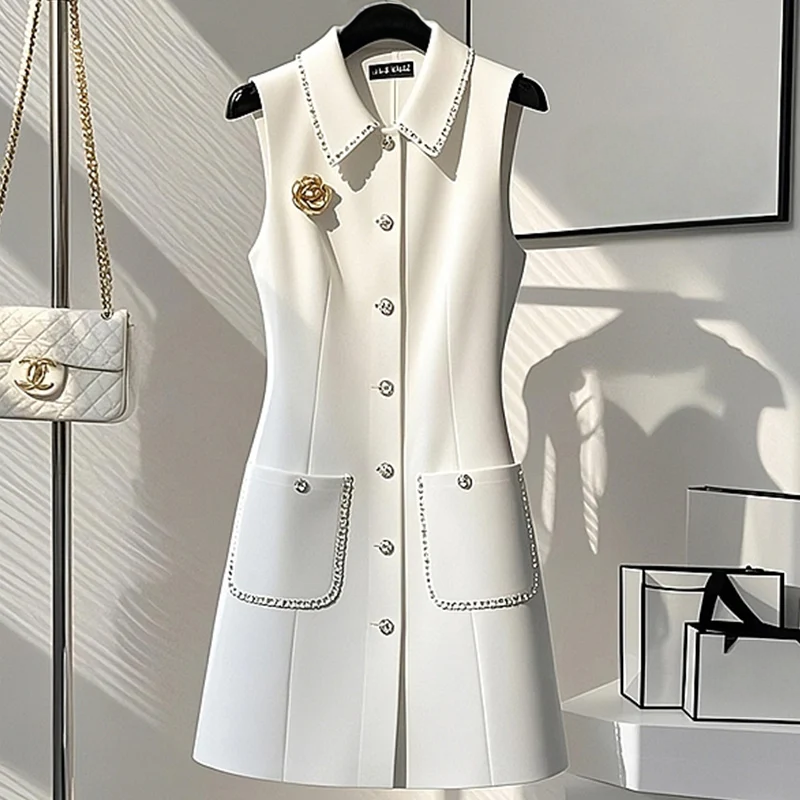 White Tank Top Dresses Ladies Elegant Pocket Midi Dress - Image 2