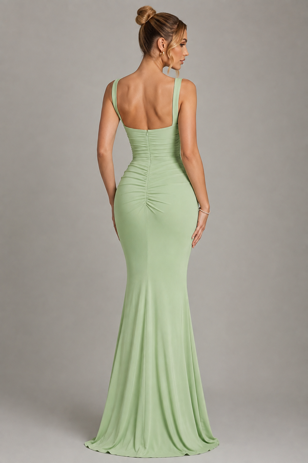 Satin Gown with Square Neck, Ruched Bodice & Corset Back for Wedding Guest - Image 3