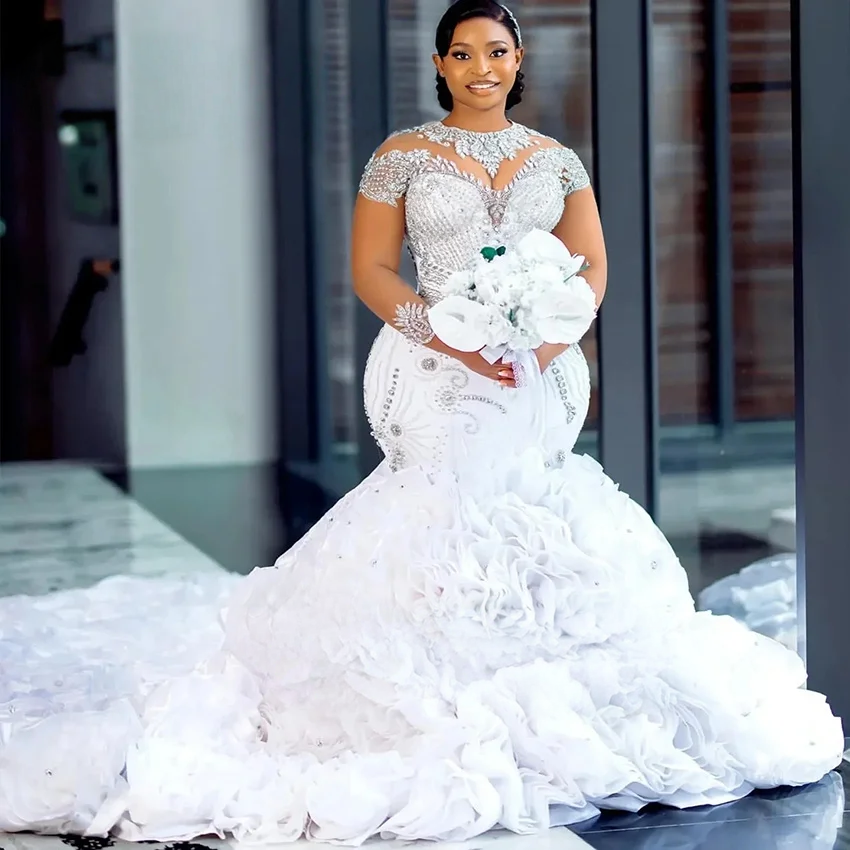 Mermaid Style Wedding Dress High Neck Beaded Floor-Length Organza Bespoke Wedding Gown with Built-in Bra And Crystal Decoration - Image 3
