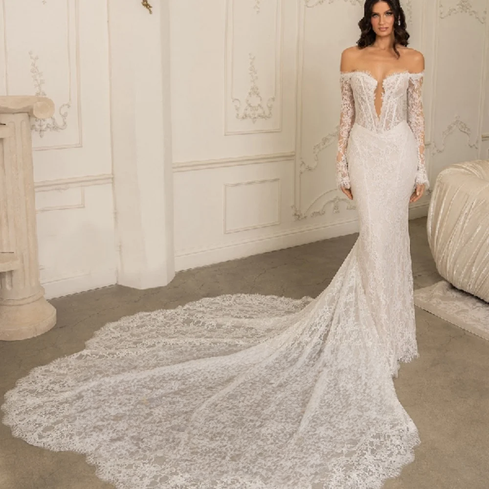 Lace Sleeve Deep Keyhole Boned Corset Full Lace Mermaid Wedding Dress with Scalloped Edge Train for Elegant Brides - Image 5