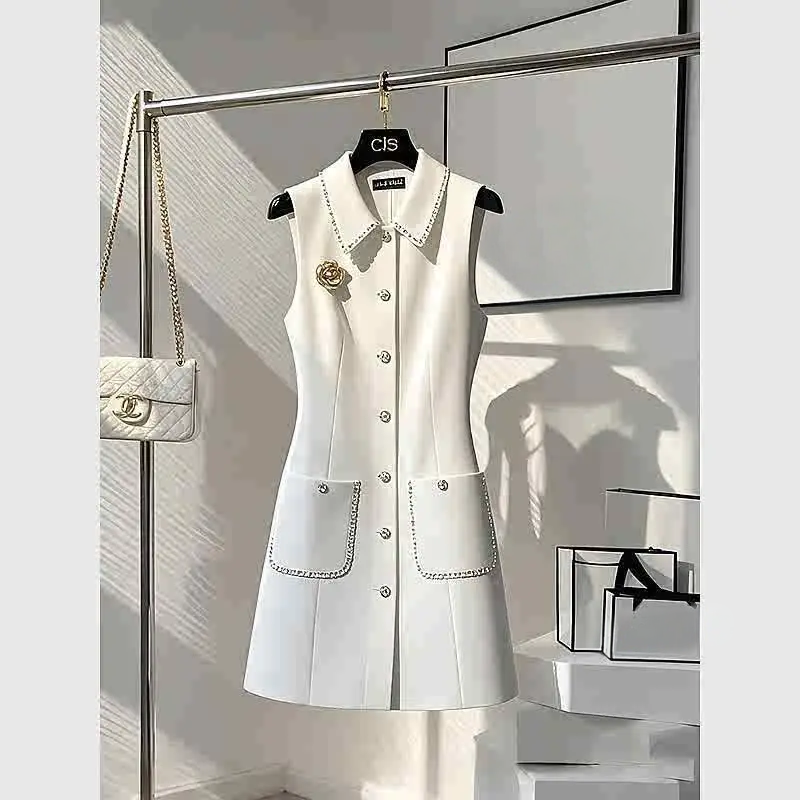 White Tank Top Dresses Ladies Elegant Pocket Midi Dress - Image 3