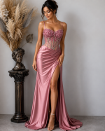 Long Prom Dress Floor Length Lace Applique Crystals Beaded Corset Pink Satin Spaghetti