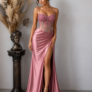 Long Prom Dress Floor Length Lace Applique Crystals Beaded Corset Pink Satin Spaghetti