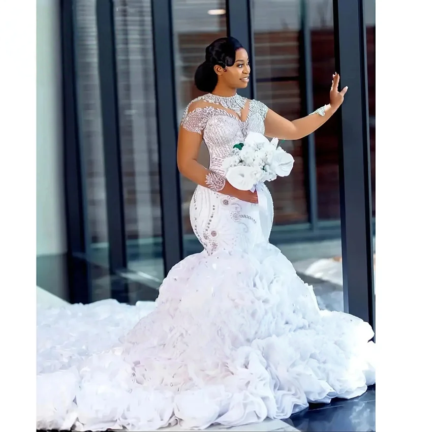 Mermaid Style Wedding Dress High Neck Beaded Floor-Length Organza Bespoke Wedding Gown with Built-in Bra And Crystal Decoration - Image 2