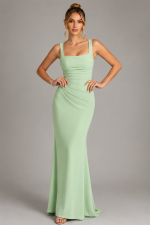Satin Gown with Square Neck, Ruched Bodice & Corset Back for Wedding Guest