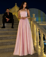 Bafftafe Pink Satin Long Prom Dresse