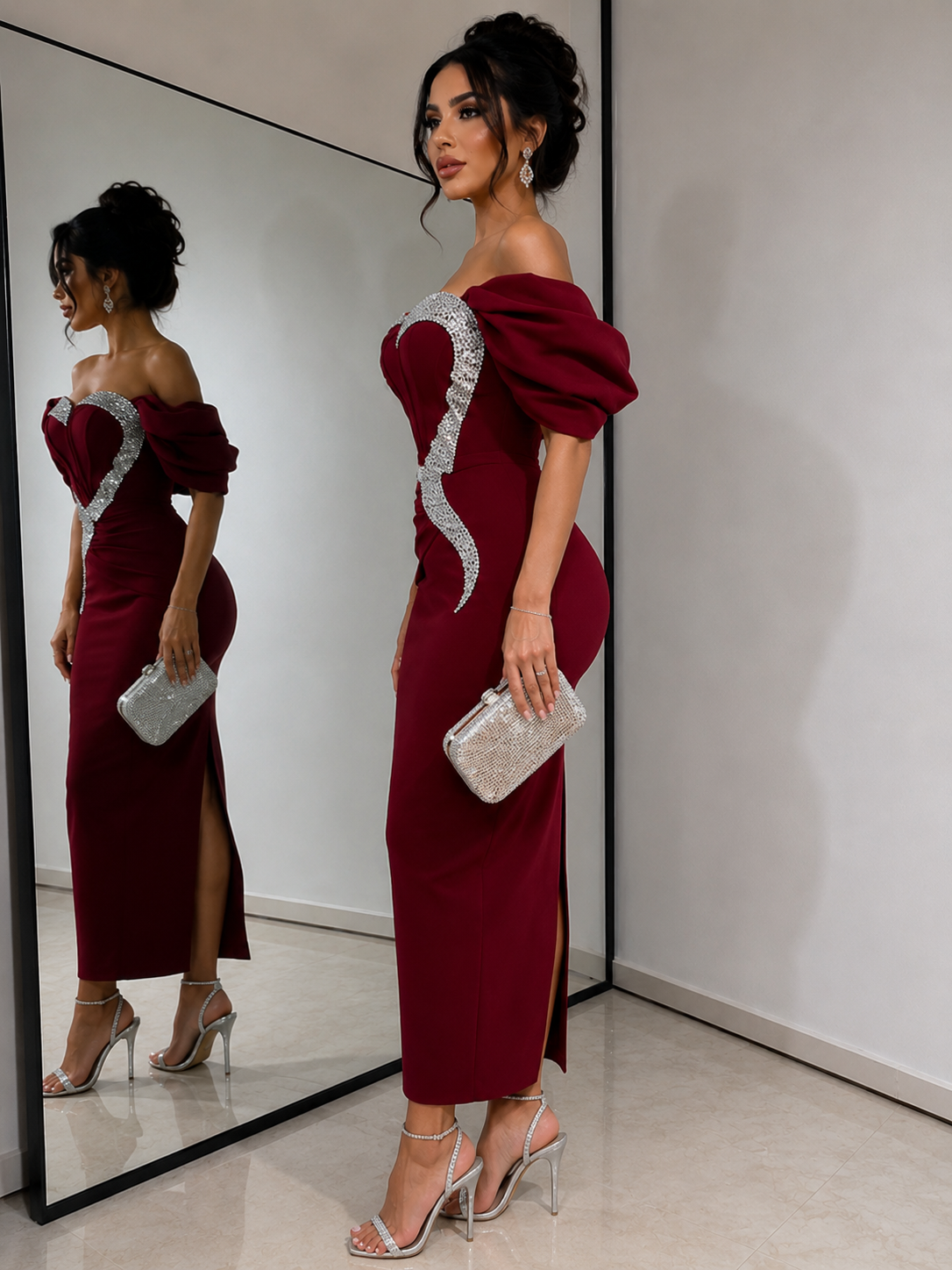 Satin Bandage Patchwork Evening Dress Silver Glitter Rhinestone Corset - Image 8