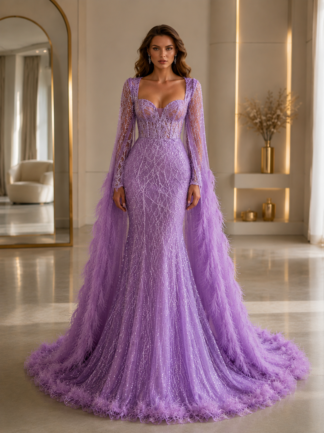 Charming Luxury Beads Lace Wedding Dress Sexy Feather Shawl Sleeves Bridal Gowns Robe robe de mariée - Image 4