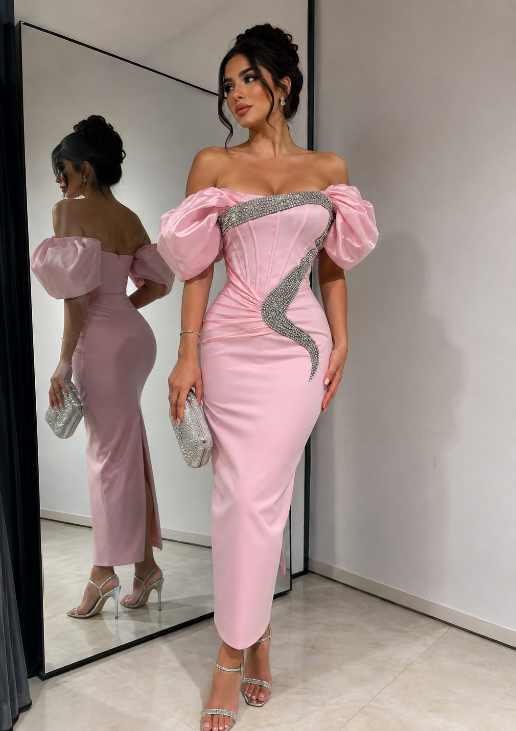 Satin Bandage Patchwork Evening Dress Silver Glitter Rhinestone Corset - Image 2