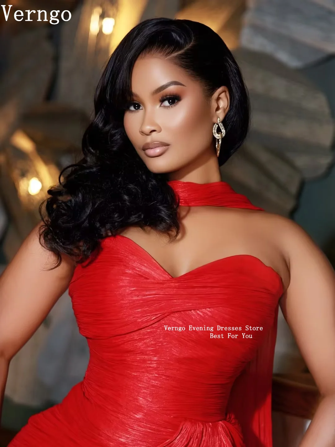 Red Shiny Evening Dress Sexy Side Slit Mermaid Prom Gowns Strapless Pleated Corset Prom Dresses - Image 3