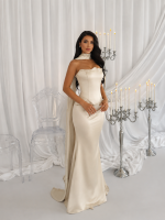 Champagne Satin Prom Dres Mermaid Bridal Gown with Scarf Cape Pearl Beaded Corset Robe De Mariée