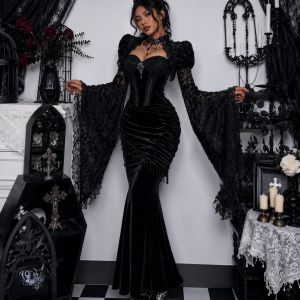 AltGoth Aesthetic Gothic Party Dress Women Vintage Palace Style Fairycore Grunge Elegant High Waist Lace Patchwork Velevt Dress