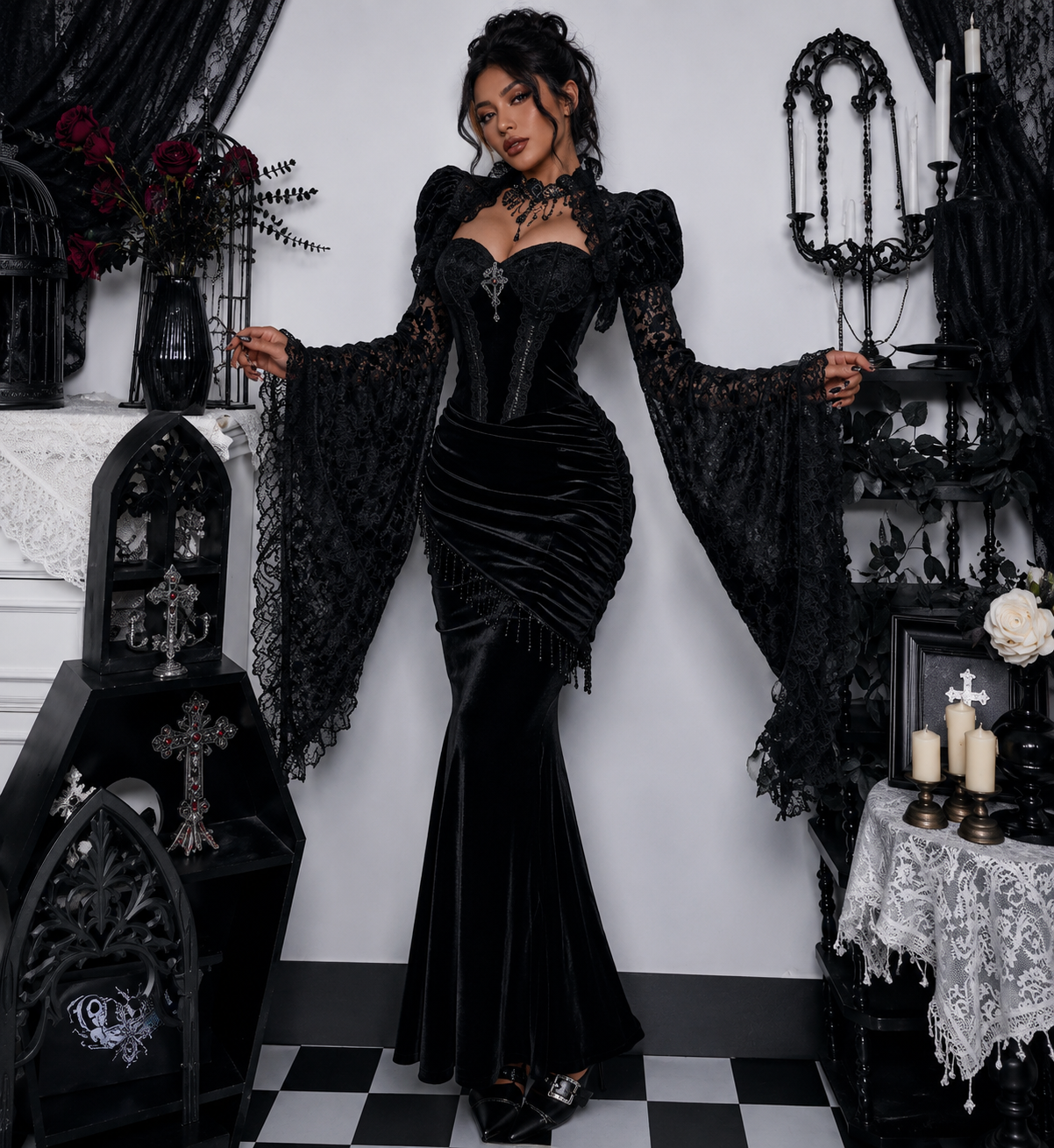 AltGoth Aesthetic Gothic Party Dress Women Vintage Palace Style Fairycore Grunge Elegant High Waist Lace Patchwork Velevt Dress