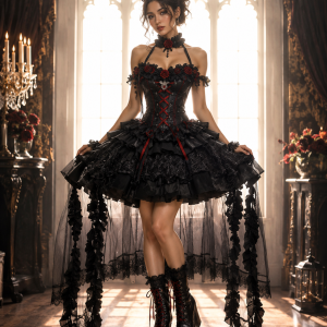 Gothic Lolita Strapless Bustier Dress Black Red Floral Lace Ruffle Puffy Skirt Dark Princess