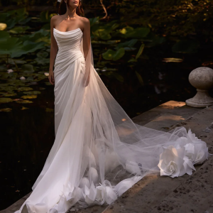 Wedding Dresses Chiffon Strapless Mermaid Bridal Growns Sleeveless Draped Strapless Corset