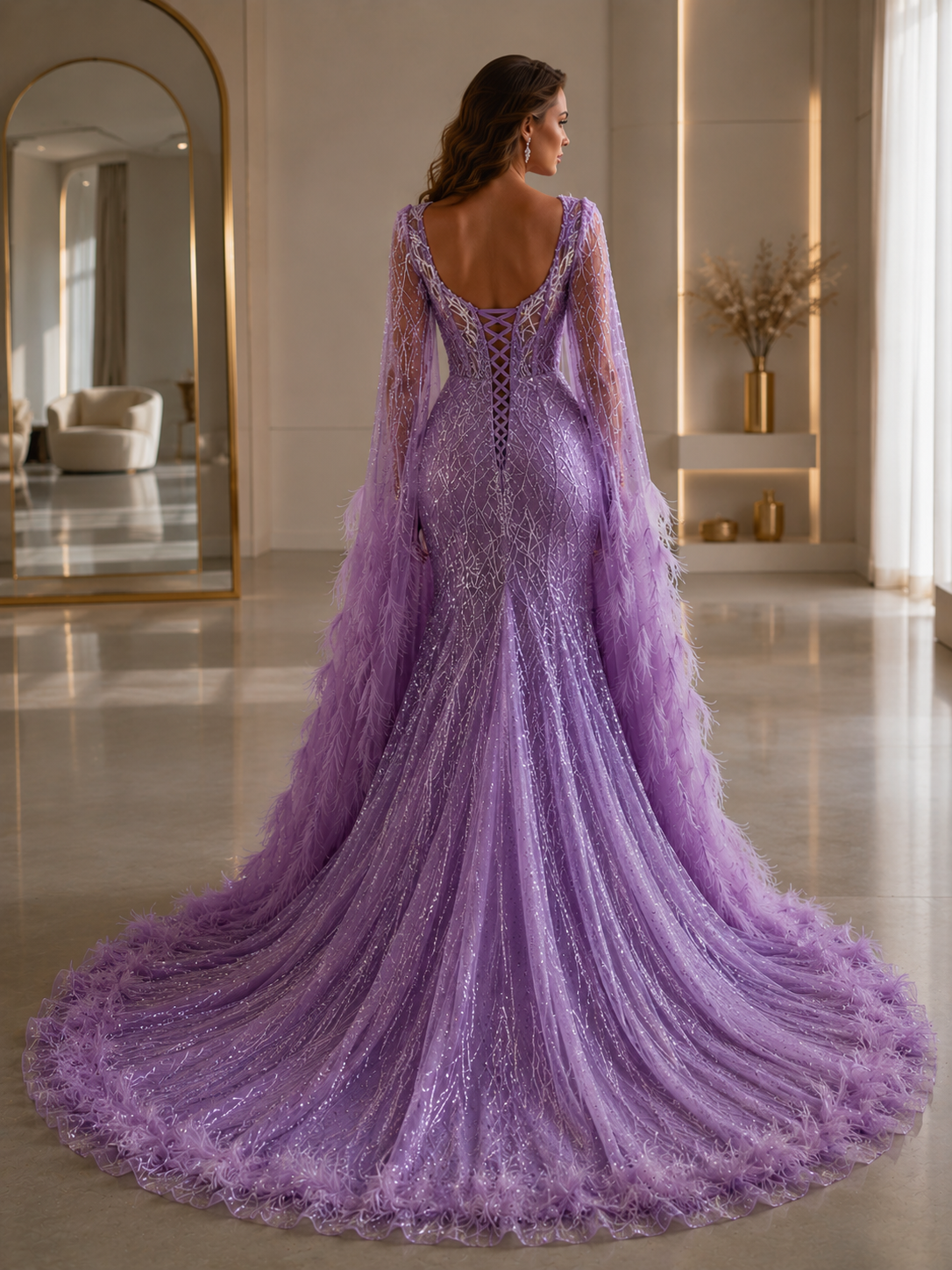 Charming Luxury Beads Lace Wedding Dress Sexy Feather Shawl Sleeves Bridal Gowns Robe robe de mariée - Image 3