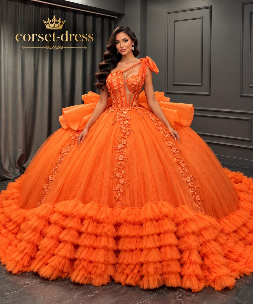 Orange corset ball gown with a voluminous ruffled skirt