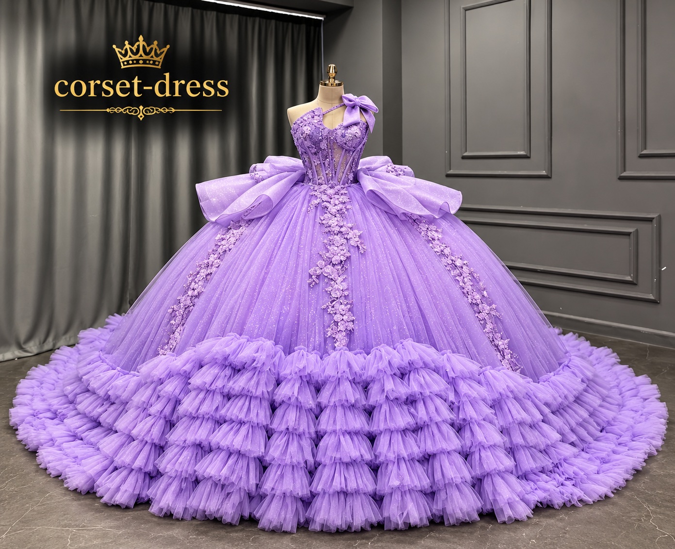 Lavender couture ball gown with a voluminous skirt