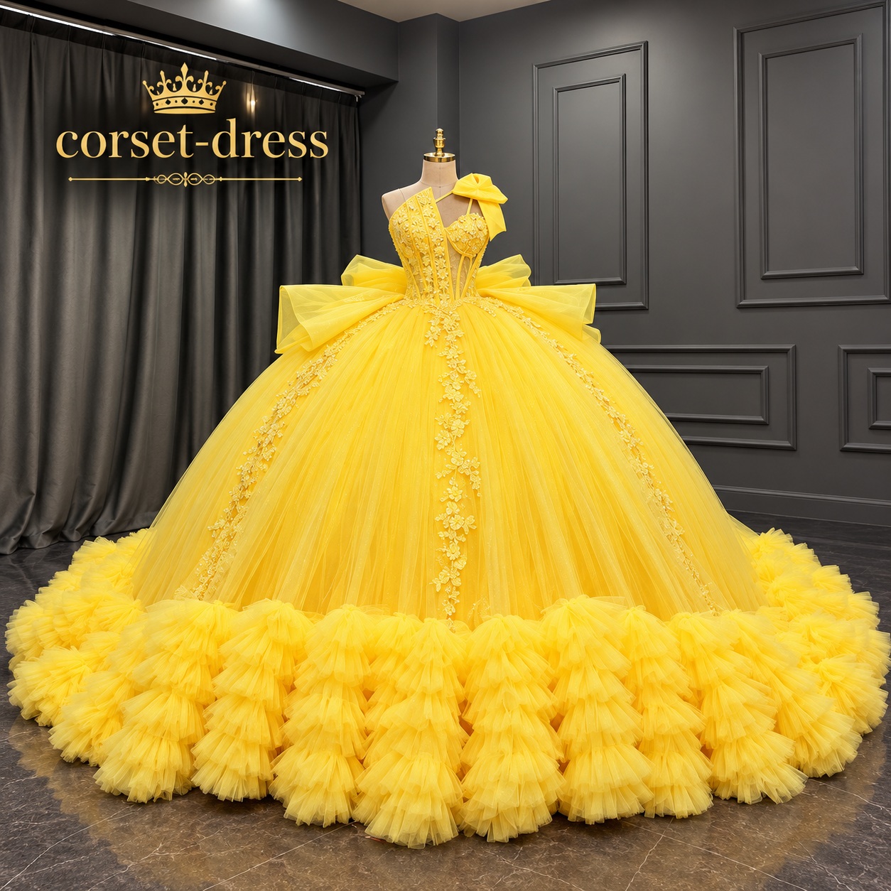 Lemon yellow couture ball gown displayed in a showroom