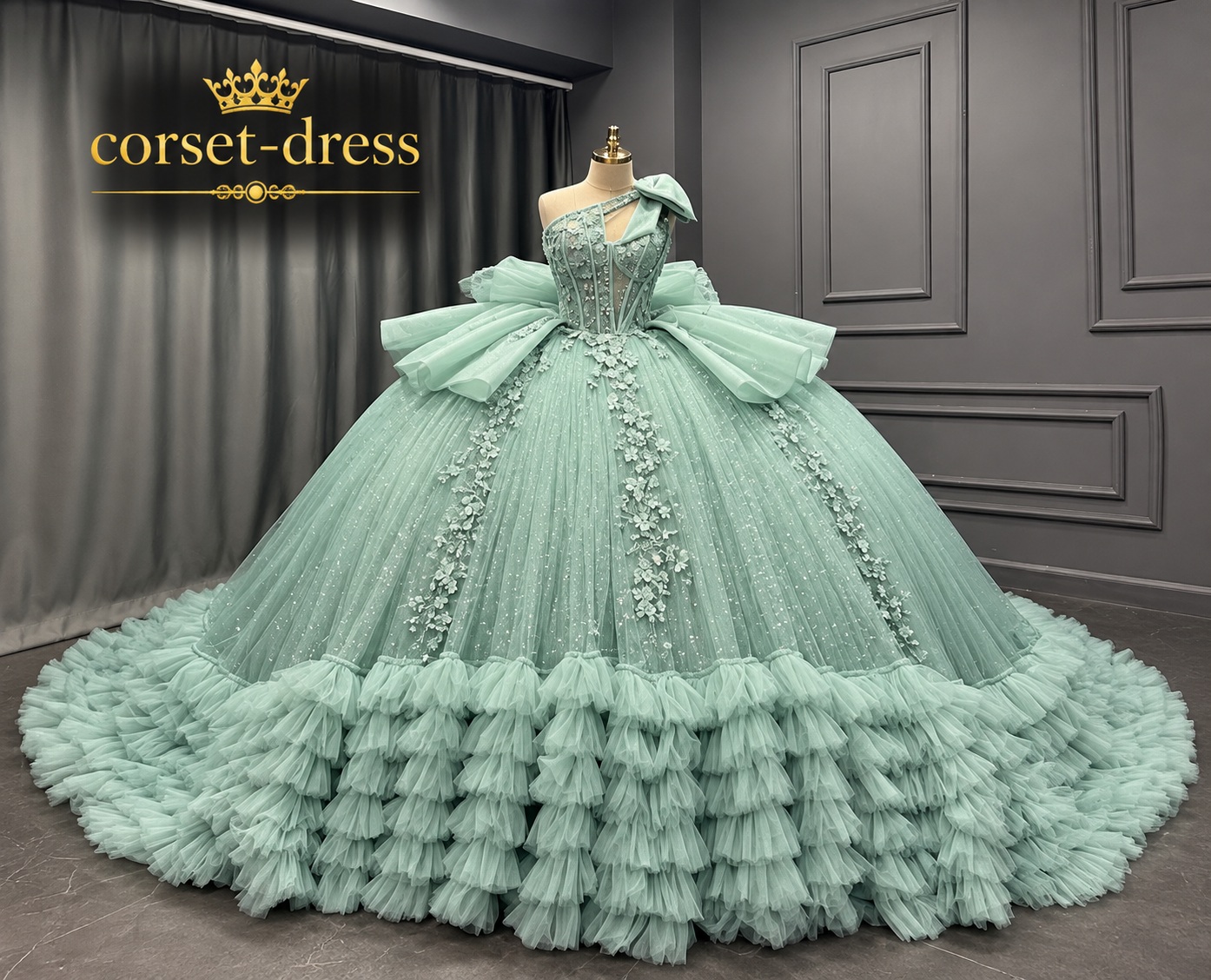 Mint couture ball gown displayed in an elegant studio