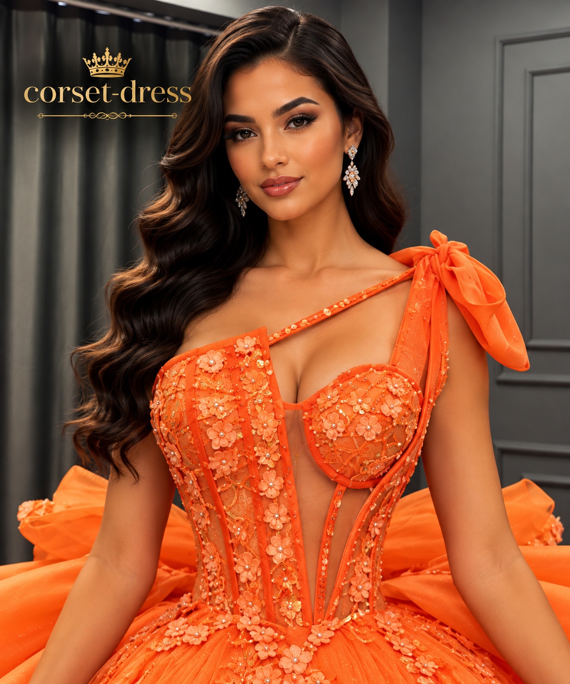 Elegant orange gown with dramatic bow